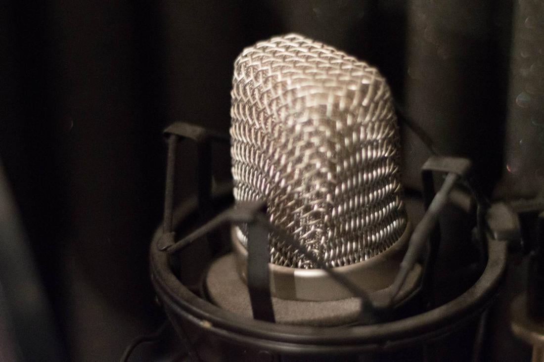 Studio condenser microphone in a shock mount